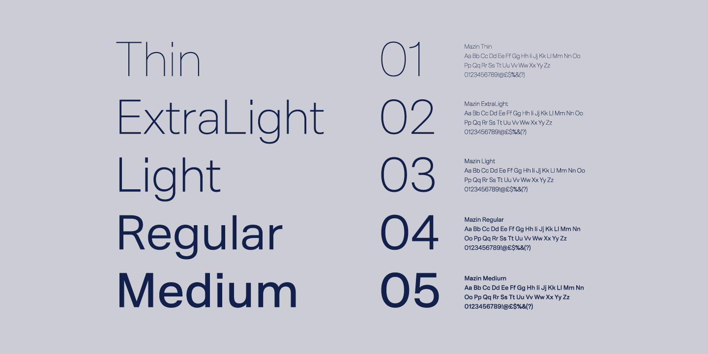 Przykład czcionki Mazin Extra Light Italic